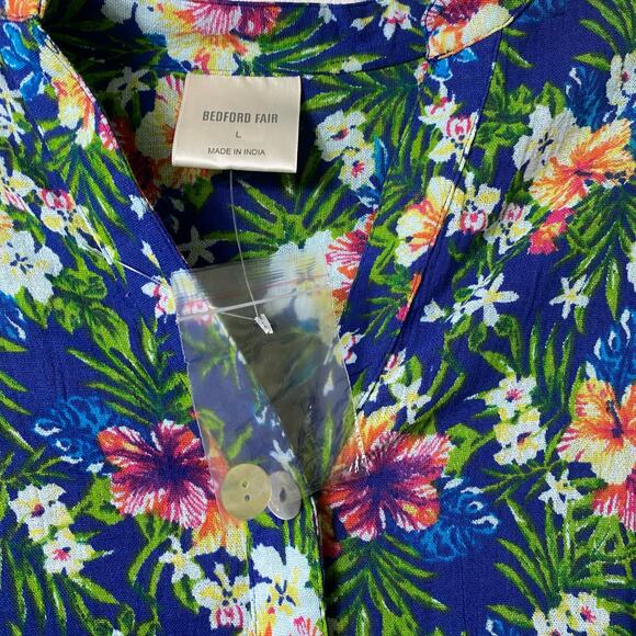 Bedford Fair NWOT Sz L 3/4 Sleeve Blue Floral Button Front Top 100% Cotton (2563 - Picture 4 of 9
